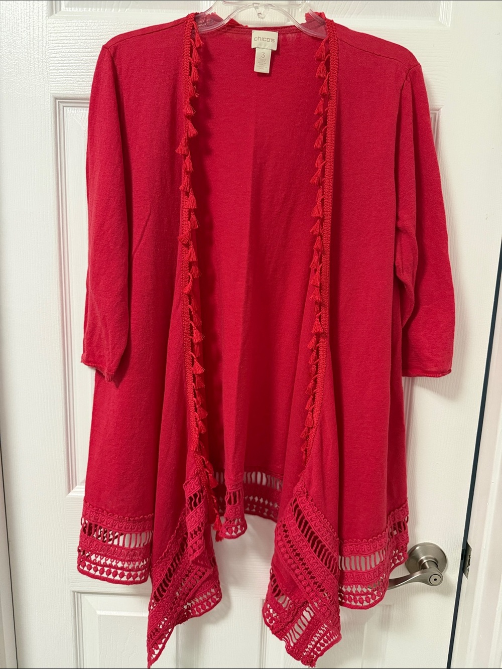 Chico's Red Boho Tassel and Lace Trim Open Cardigan - size XL